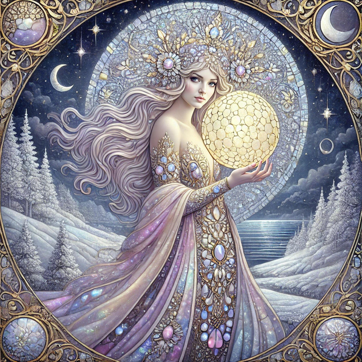 Gilded Nouveau Celestial Goddess Winter Art Print – Moon Woman Fantasy Wall Art (Digital Download)