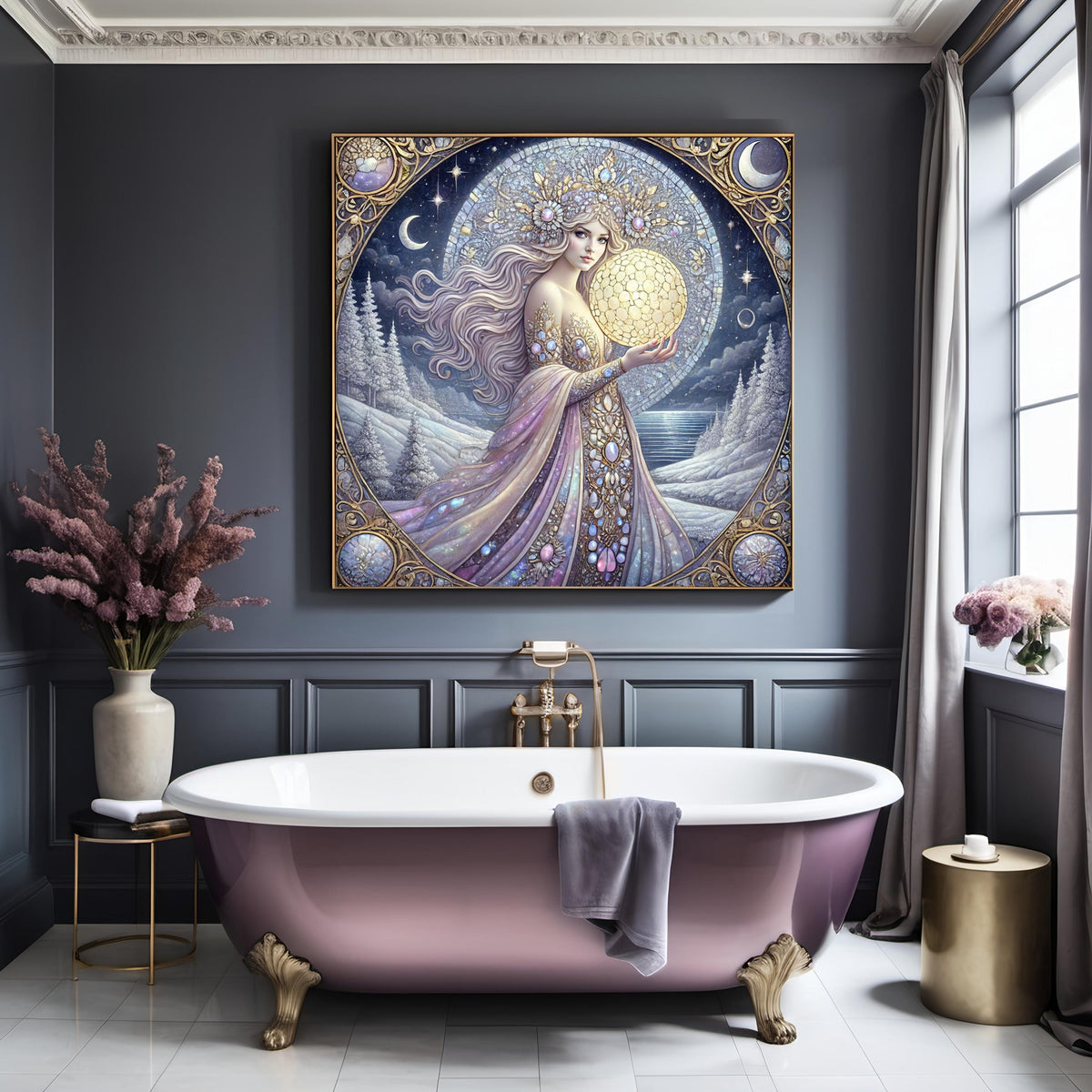 Gilded Nouveau Celestial Goddess Winter Art Print – Moon Woman Fantasy Wall Art (Digital Download)