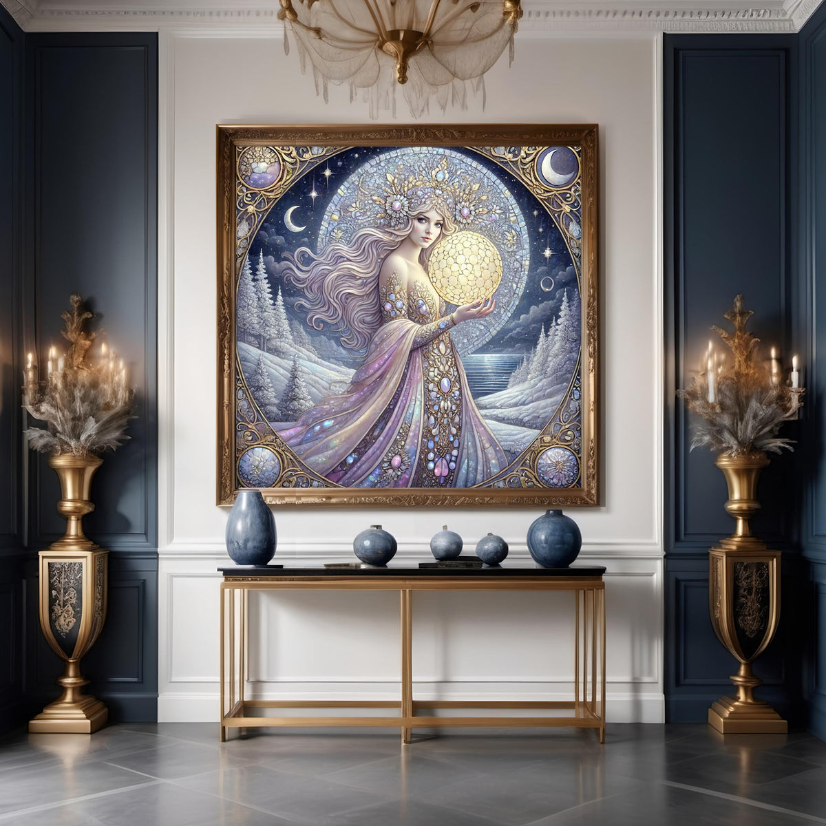Gilded Nouveau Celestial Goddess Winter Art Print – Moon Woman Fantasy Wall Art (Digital Download)