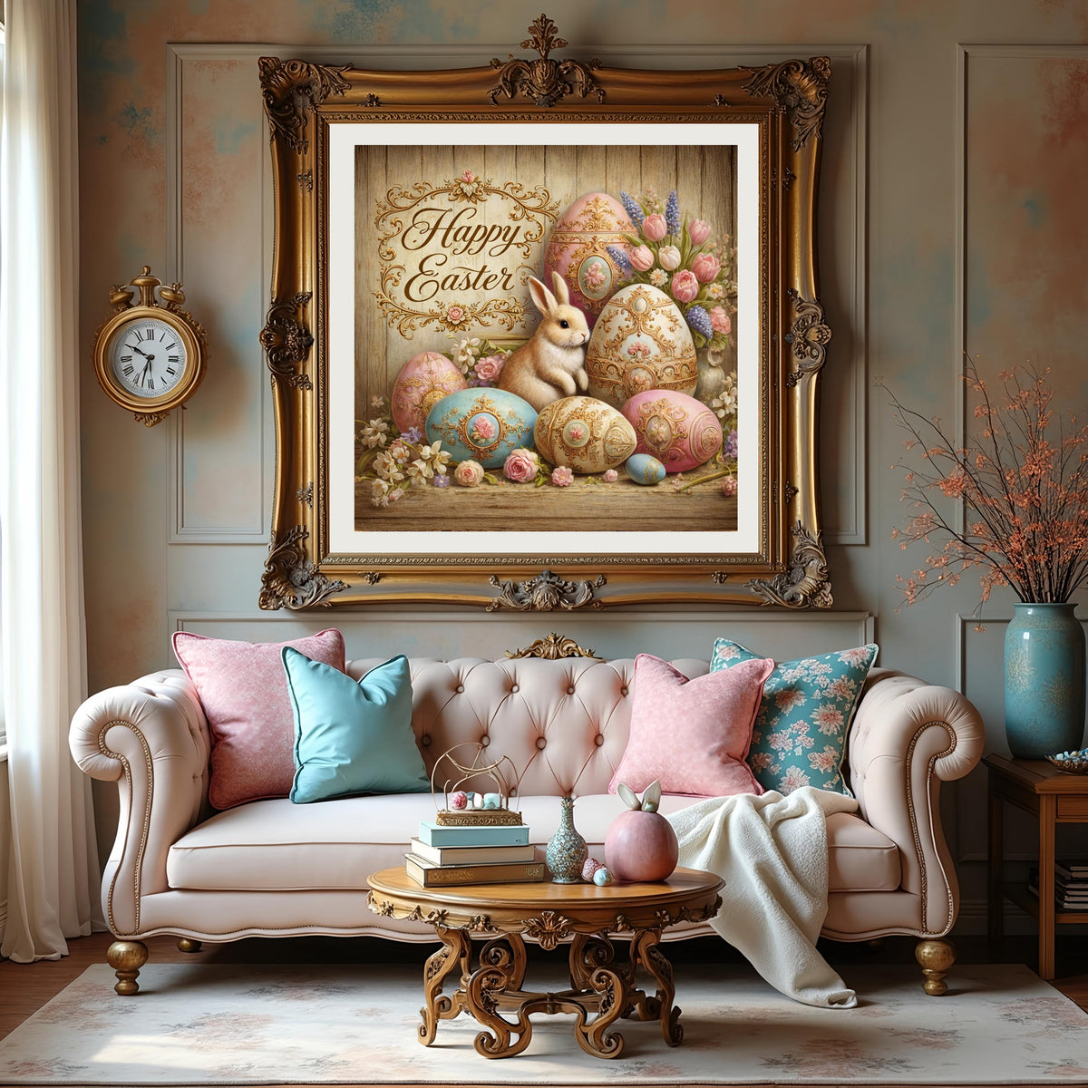 Vintage Bunny Easter Eggs Wall Art: Oil Painting Style Digital Print (Digital Download)