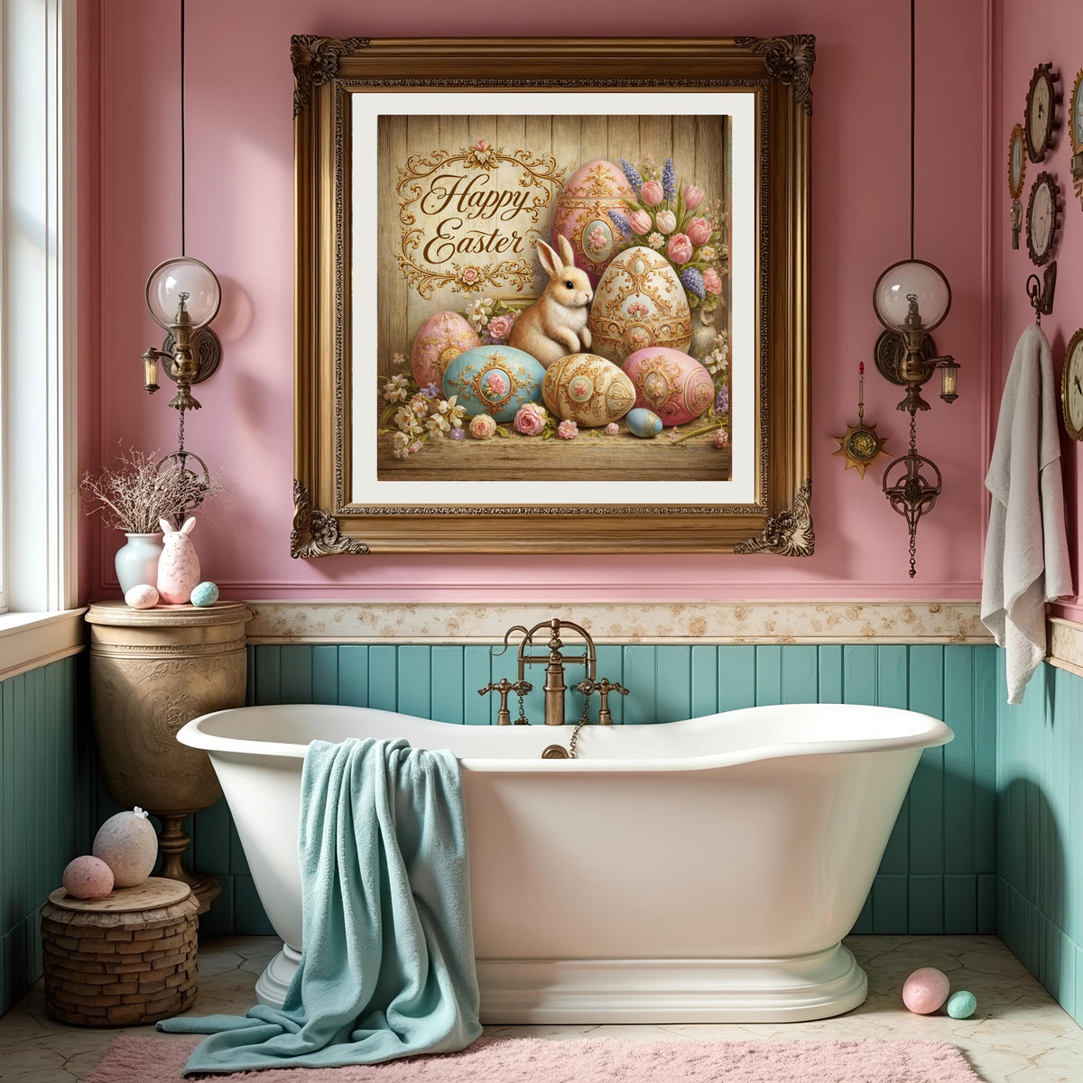 Vintage Bunny Easter Eggs Wall Art: Oil Painting Style Digital Print (Digital Download)