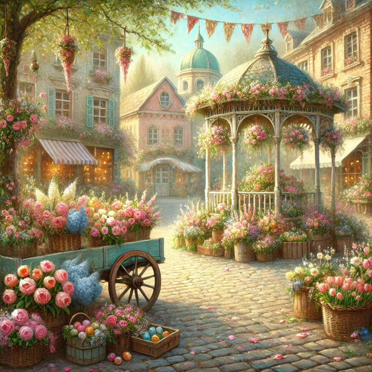 Vintage Impressionist Oil Painting: Spring Flower Market Gazebo, Cottagecore Art (Digital Download)