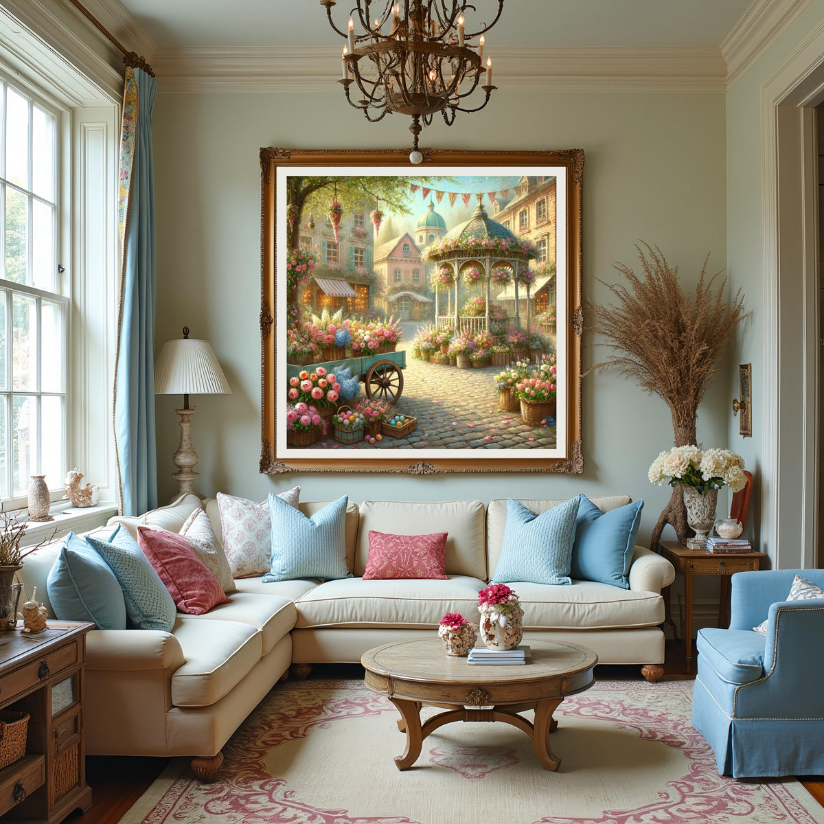 Vintage Impressionist Oil Painting: Spring Flower Market Gazebo, Cottagecore Art (Digital Download)