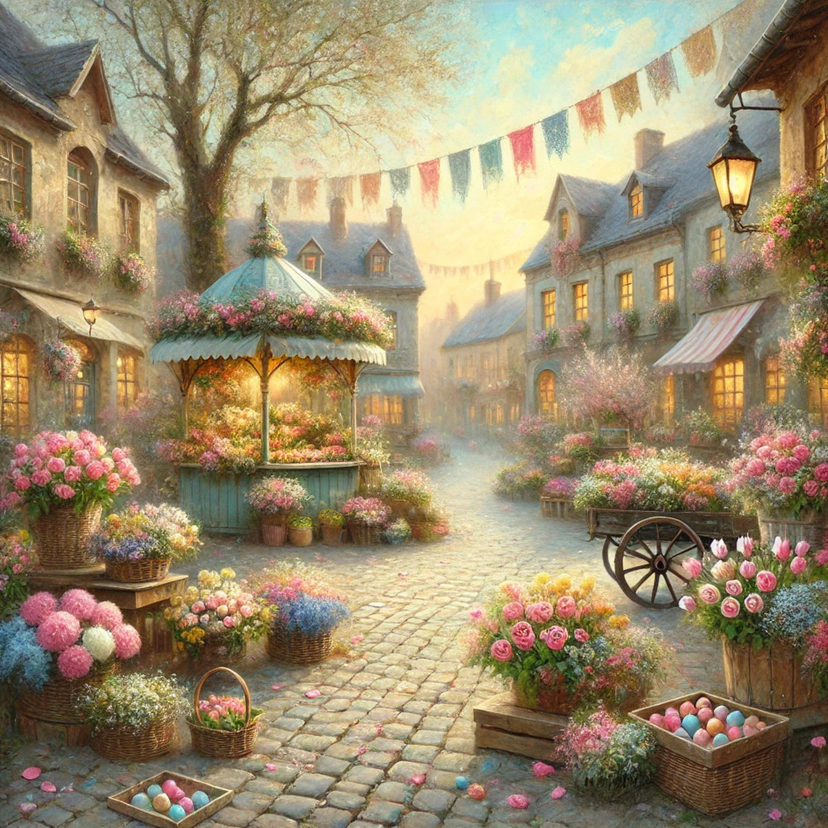 Vintage Impressionist Oil Painting: Easter Flower Market Gazebo Scene (Digital Art)
