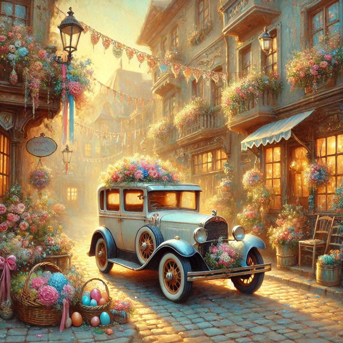 Vintage Floral Car Oil Painting: Cottagecore European Street Scene (Digital Download)