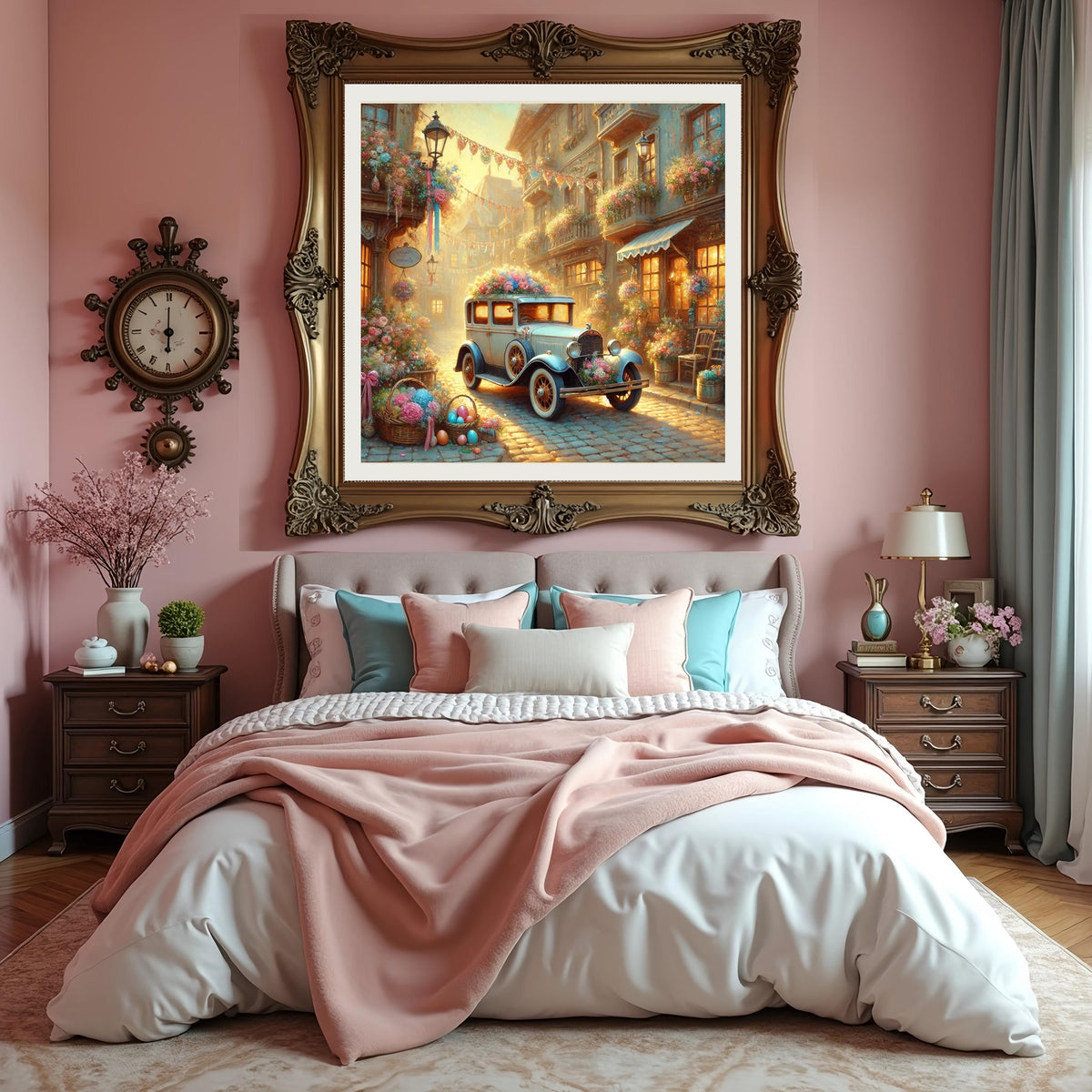 Vintage Floral Car Oil Painting: Cottagecore European Street Scene (Digital Download)