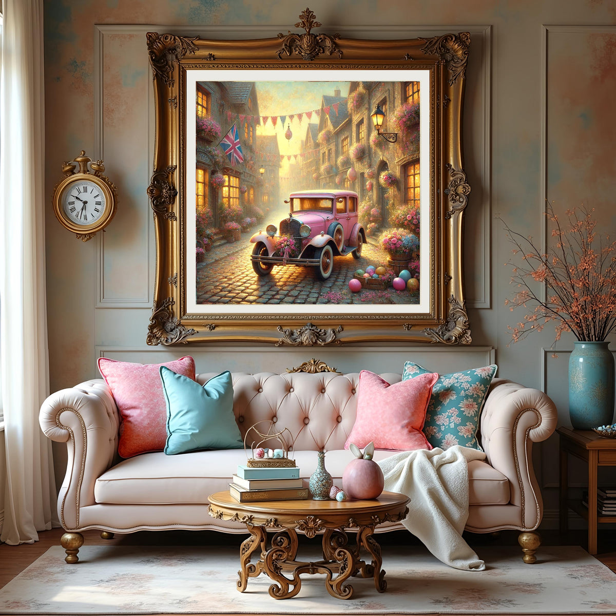 Vintage Pink Car Spring Village Oil Painting: Cottagecore Easter Decor (Digital Download)
