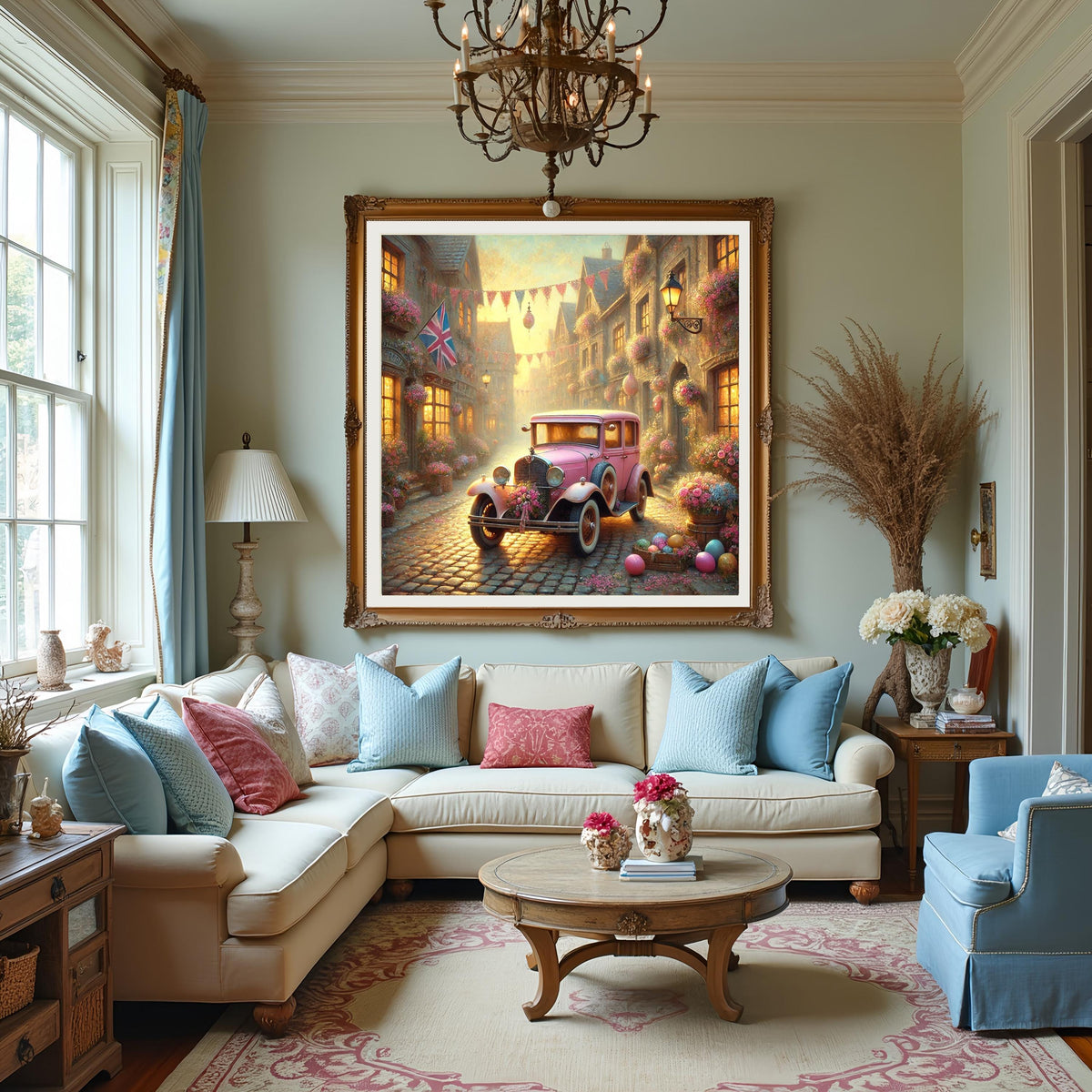 Vintage Pink Car Spring Village Oil Painting: Cottagecore Easter Decor (Digital Download)