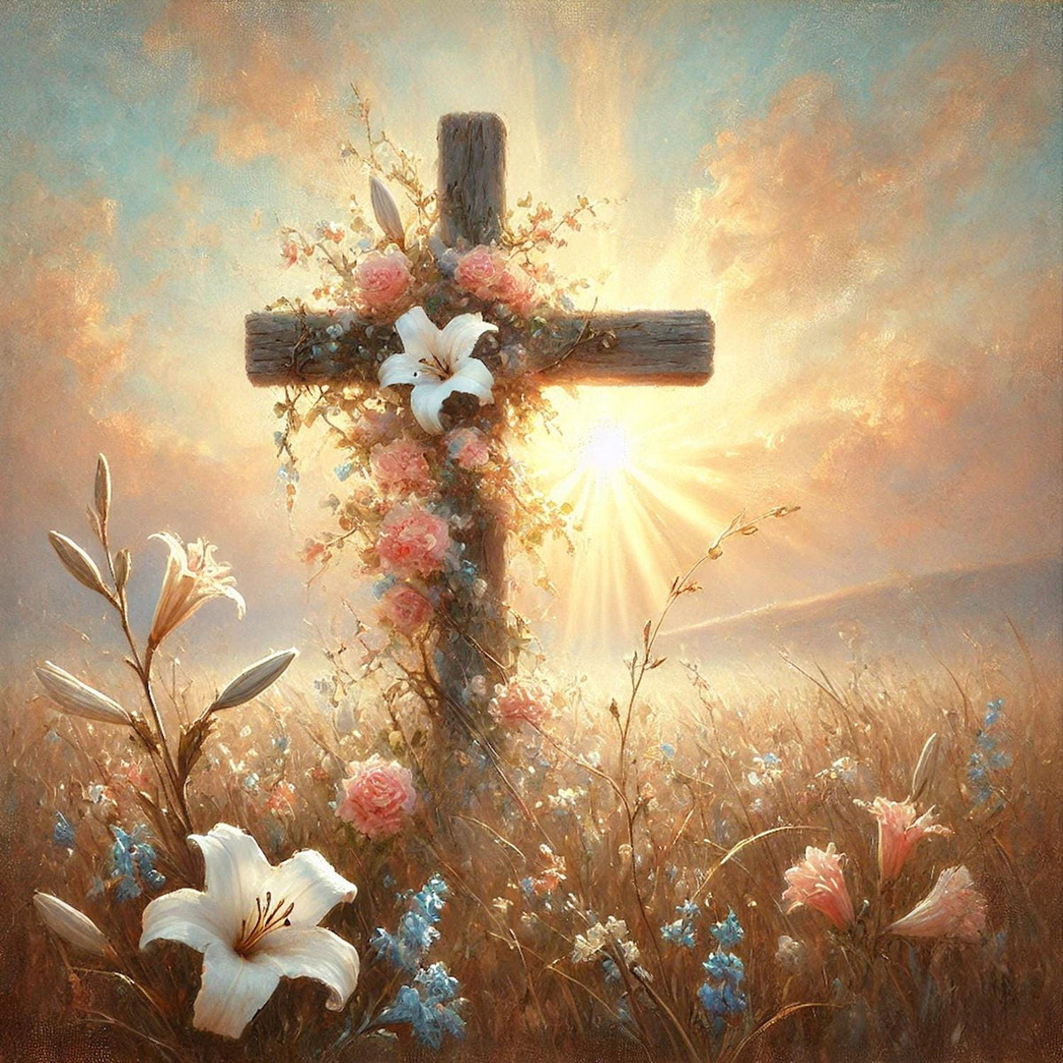 Floral Cross Wall Art: Spring Lilies, Roses, Sunrise Oil Painting Style (Digital Download)