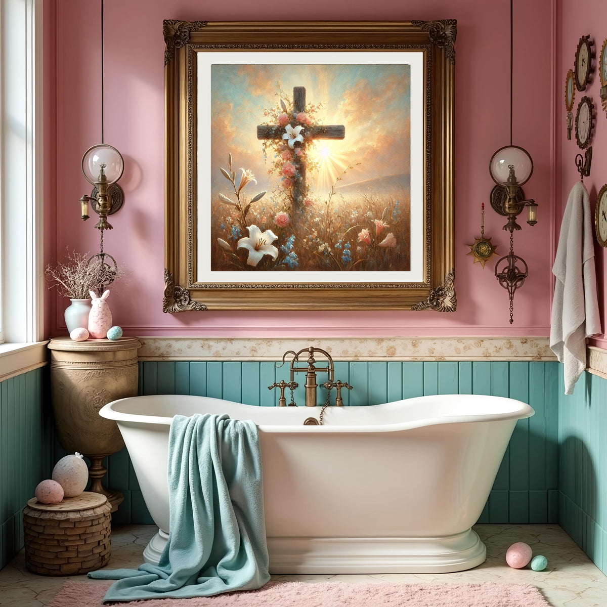 Floral Cross Wall Art: Spring Lilies, Roses, Sunrise Oil Painting Style (Digital Download)