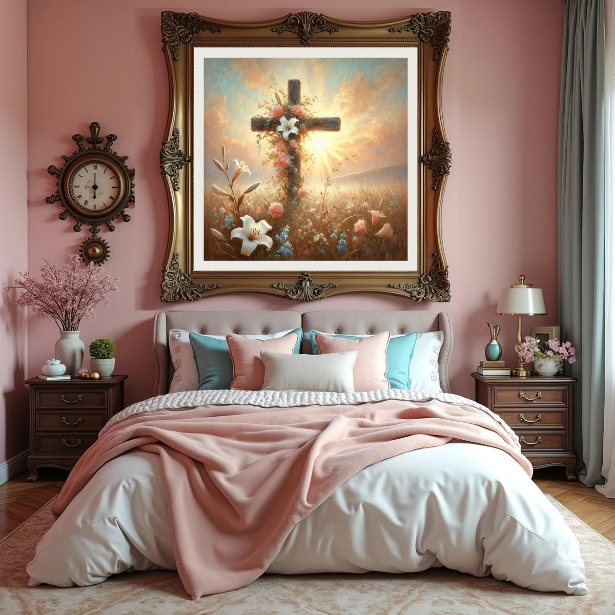 Floral Cross Wall Art: Spring Lilies, Roses, Sunrise Oil Painting Style (Digital Download)
