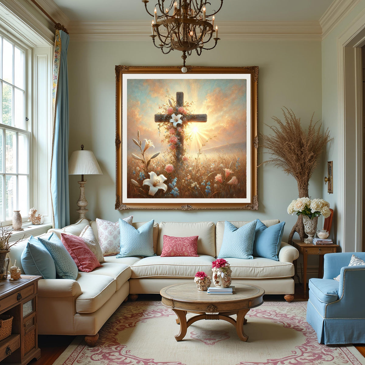 Floral Cross Wall Art: Spring Lilies, Roses, Sunrise Oil Painting Style (Digital Download)