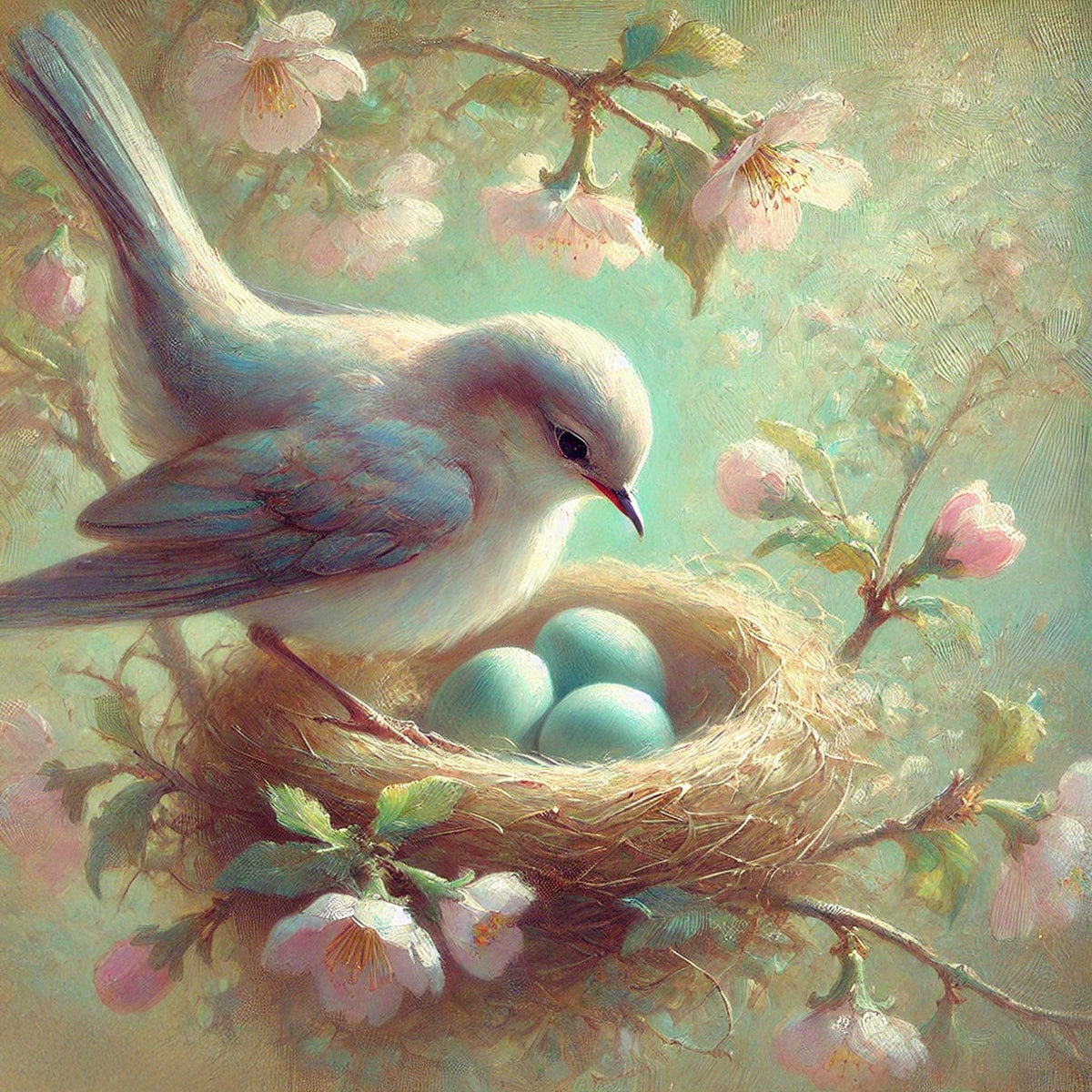 Vintage Impressionist Bird Nest Painting: Pastel Floral Spring Wall Art (Digital Download)