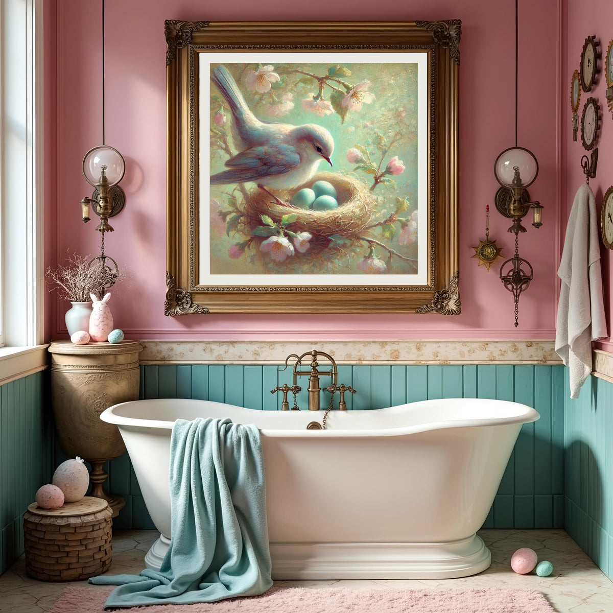 Vintage Impressionist Bird Nest Painting: Pastel Floral Spring Wall Art (Digital Download)