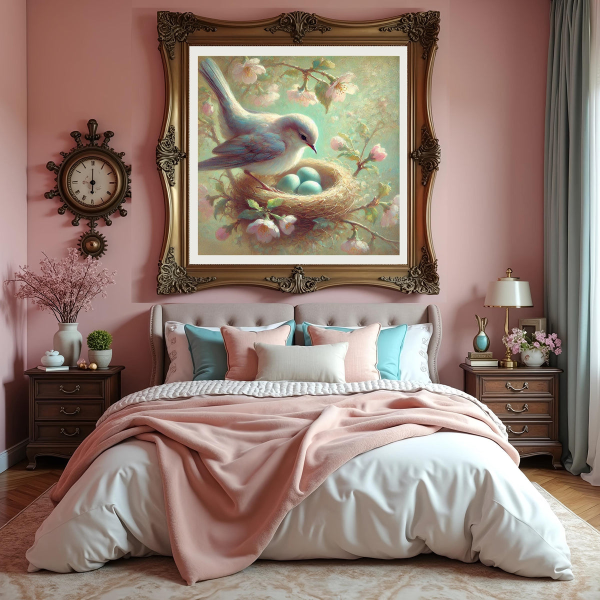 Vintage Impressionist Bird Nest Painting: Pastel Floral Spring Wall Art (Digital Download)