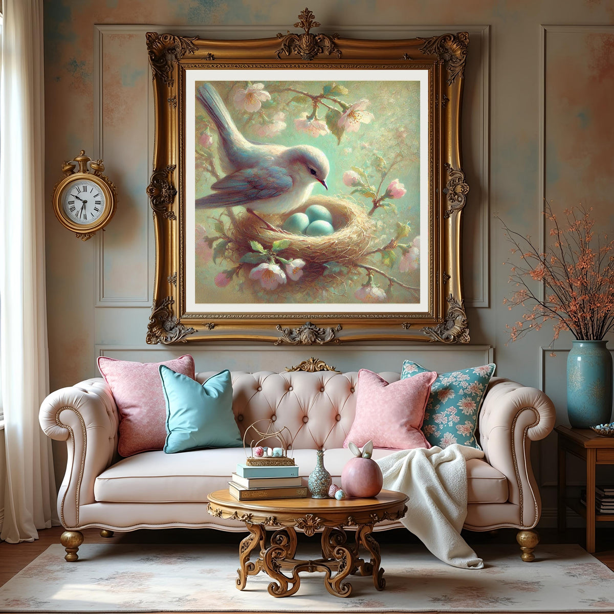 Vintage Impressionist Bird Nest Painting: Pastel Floral Spring Wall Art (Digital Download)