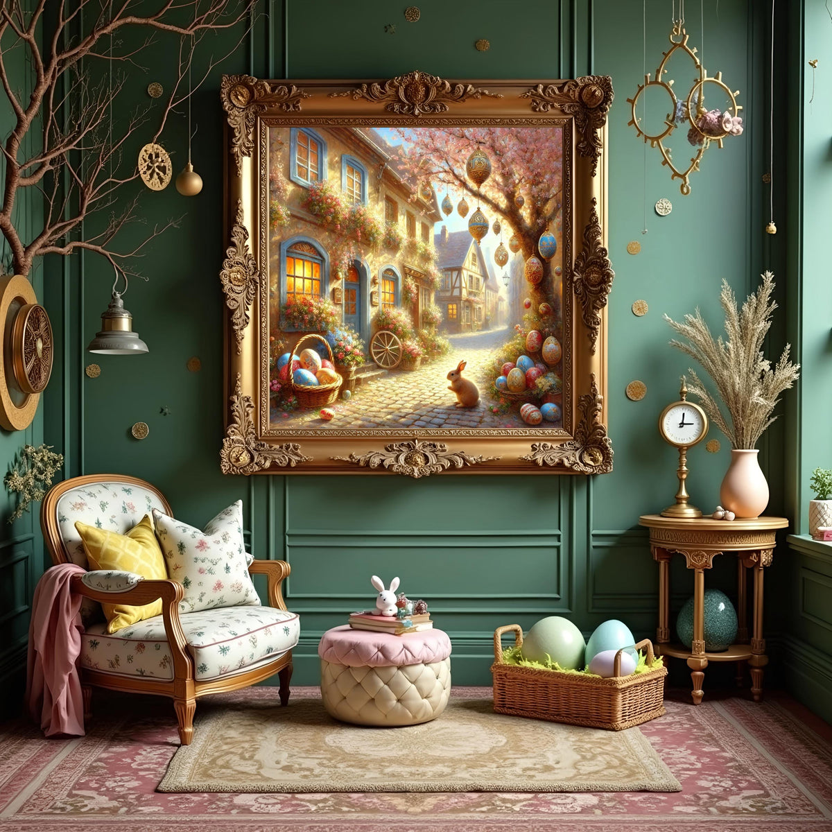 Easter Bunny Village Scene Art Print: Vintage Spring Wall Decor (Digital Download)