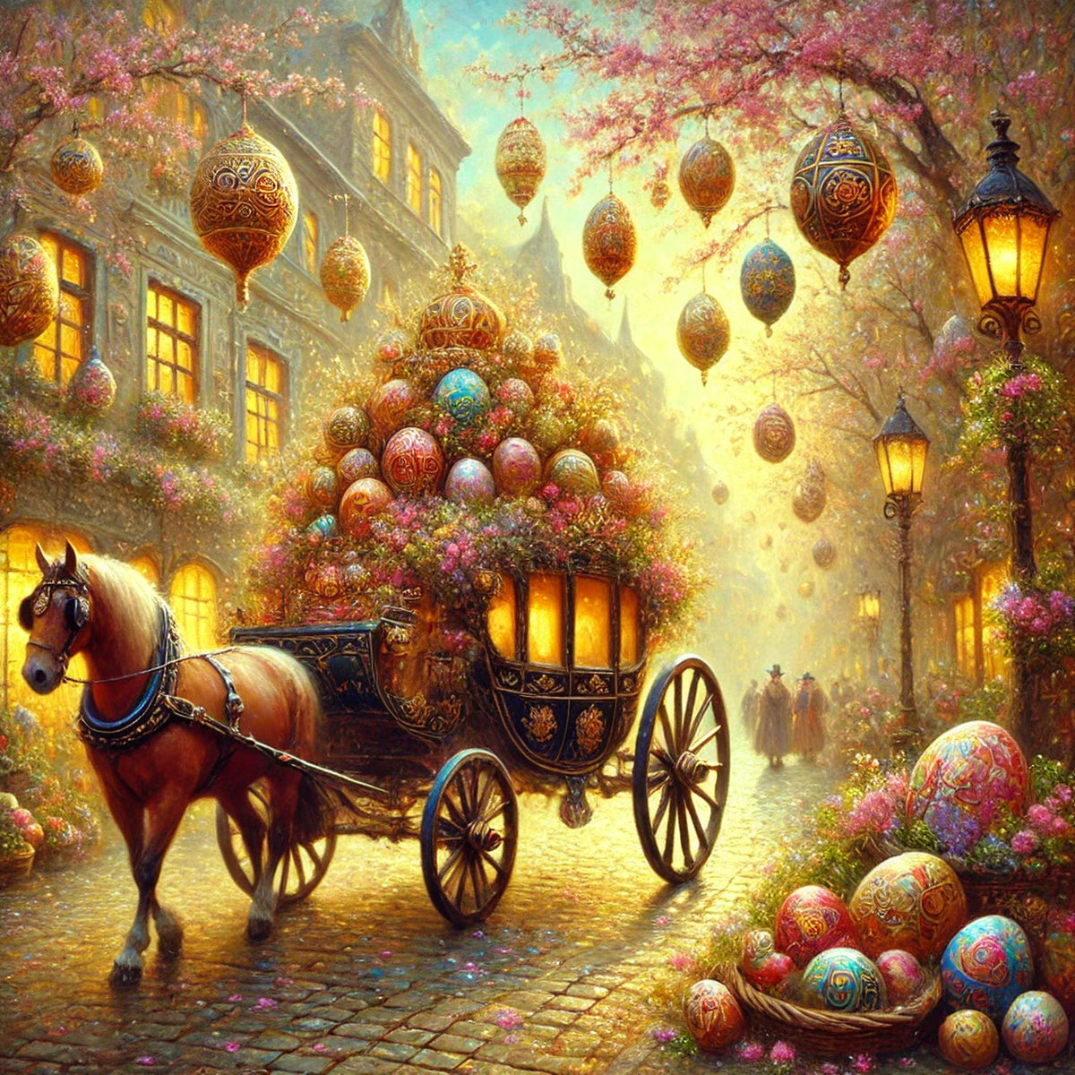 Vintage Easter Carriage Oil Painting Print: Village Scene Spring Wall Art (Digital Download)