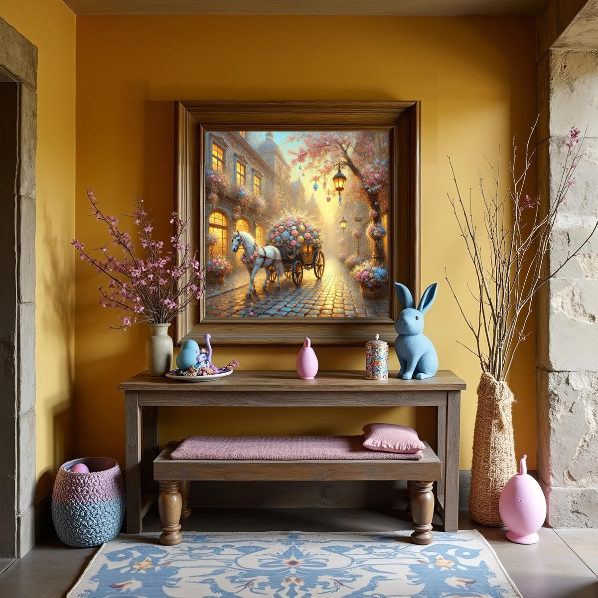 Ethereal Easter Carriage Spring Village Oil Painting Style Wall Art (Digital Download)