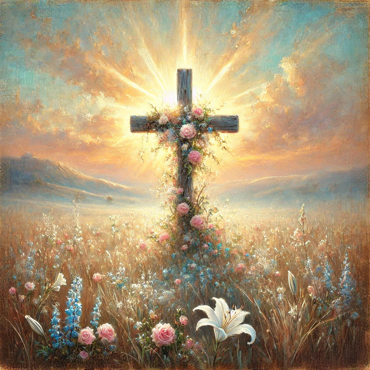 Floral Cross Sunrise Art: Vintage Oil Painting Style Christian Wall Decor (Digital Download)