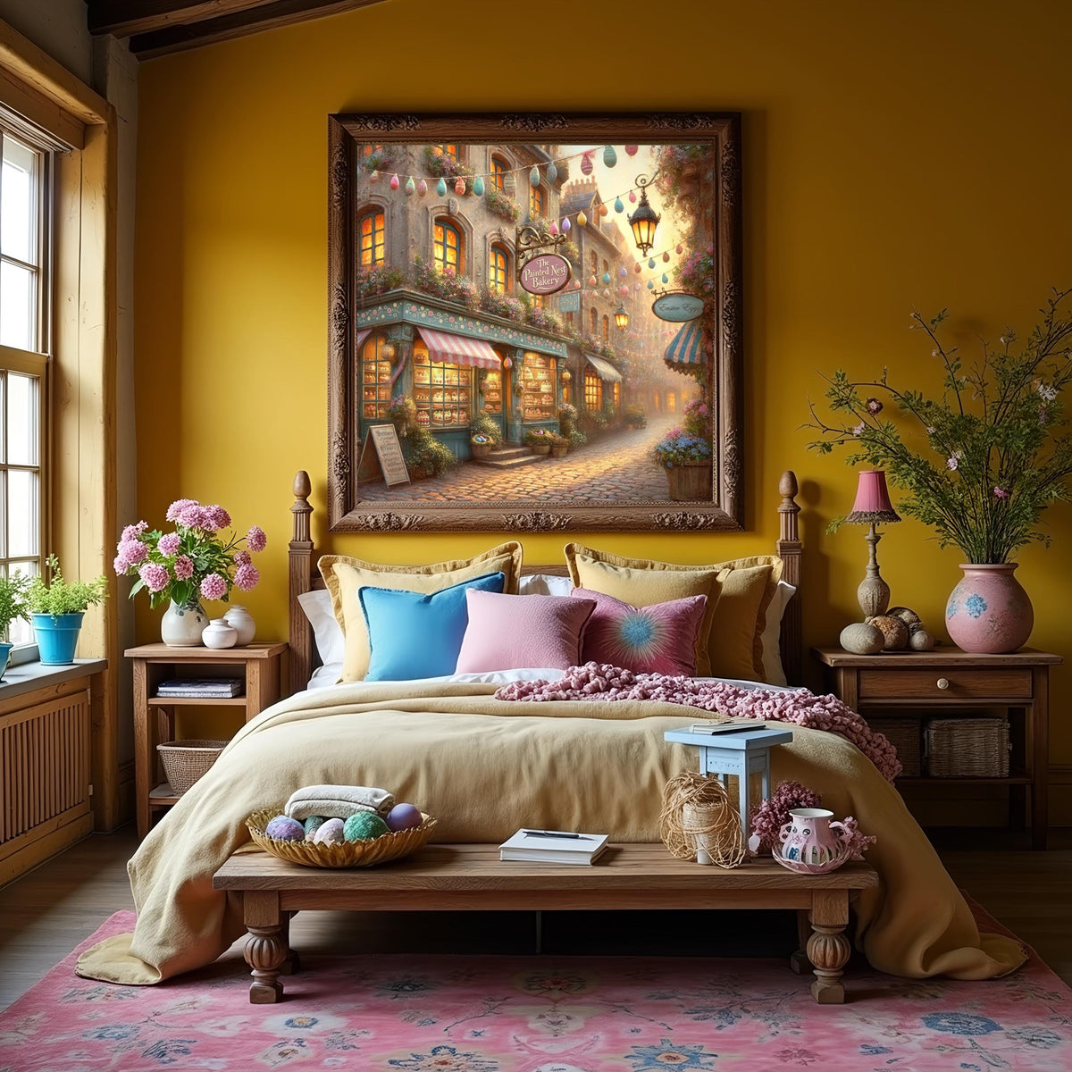 Painted Nest Bakery Easter Village Street Scene Digital Art Print (Oil Painting Style)