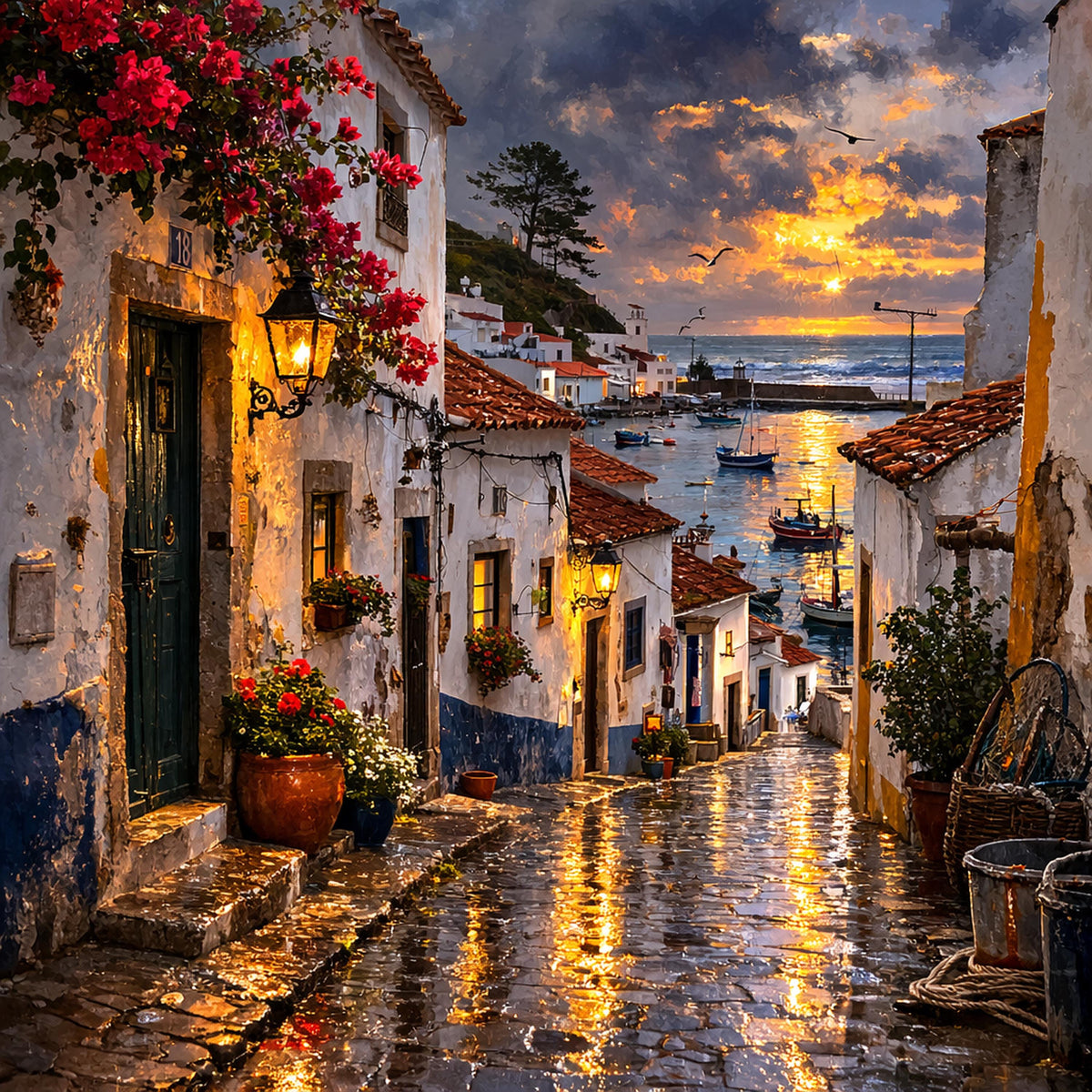 Portuguese Coastal Village Oil Painting: Sunset Harbor Street Wall Decor (Digital Download)