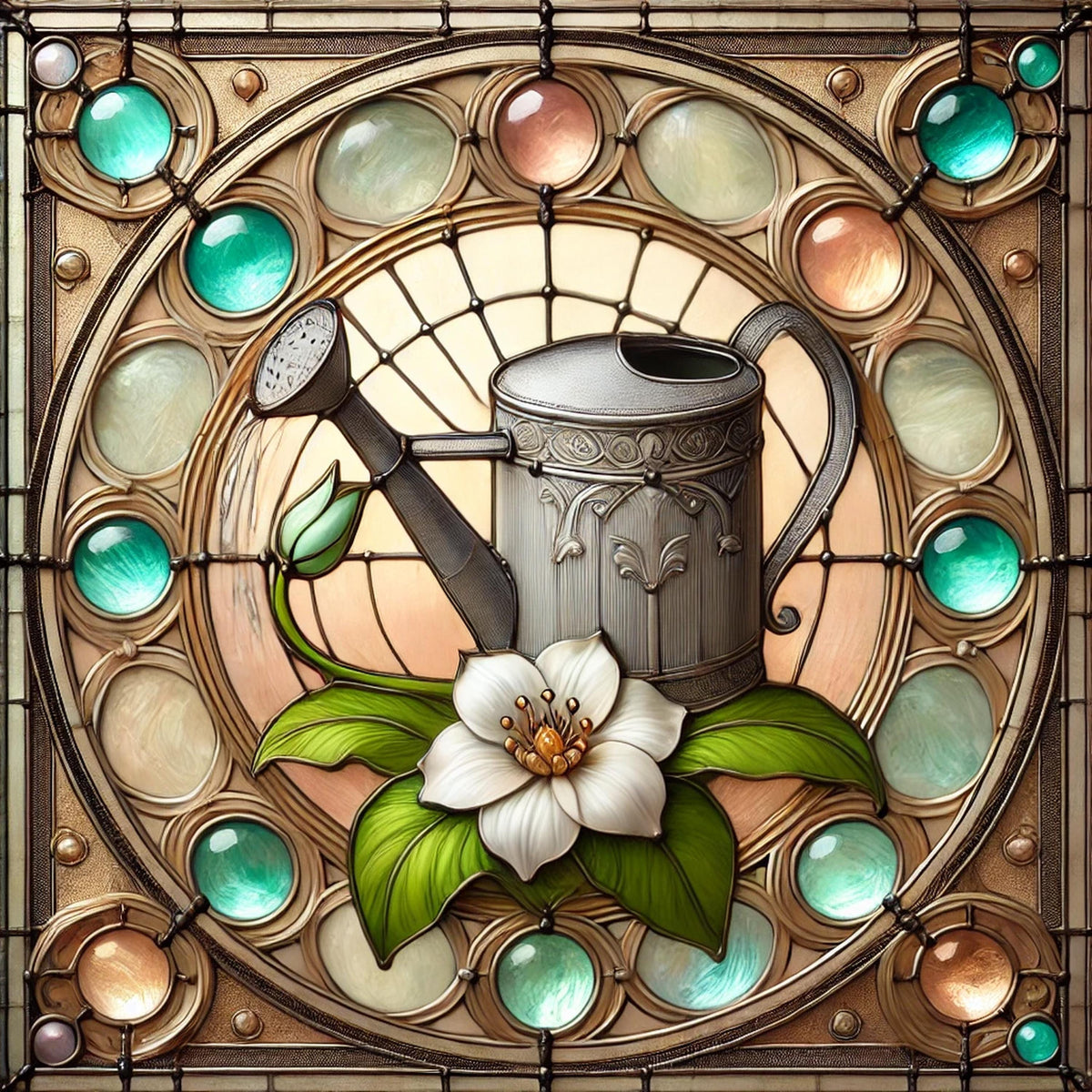 Art Nouveau Watering Can Stained Glass Print: Botanical Garden Wall Art (Digital Download)