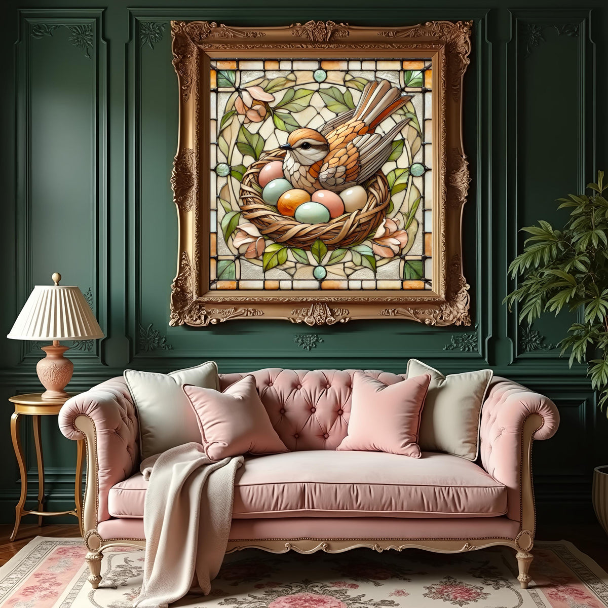 Stained Glass Bird Nest Easter Eggs Art: Art Nouveau Spring Scene (Digital Download)