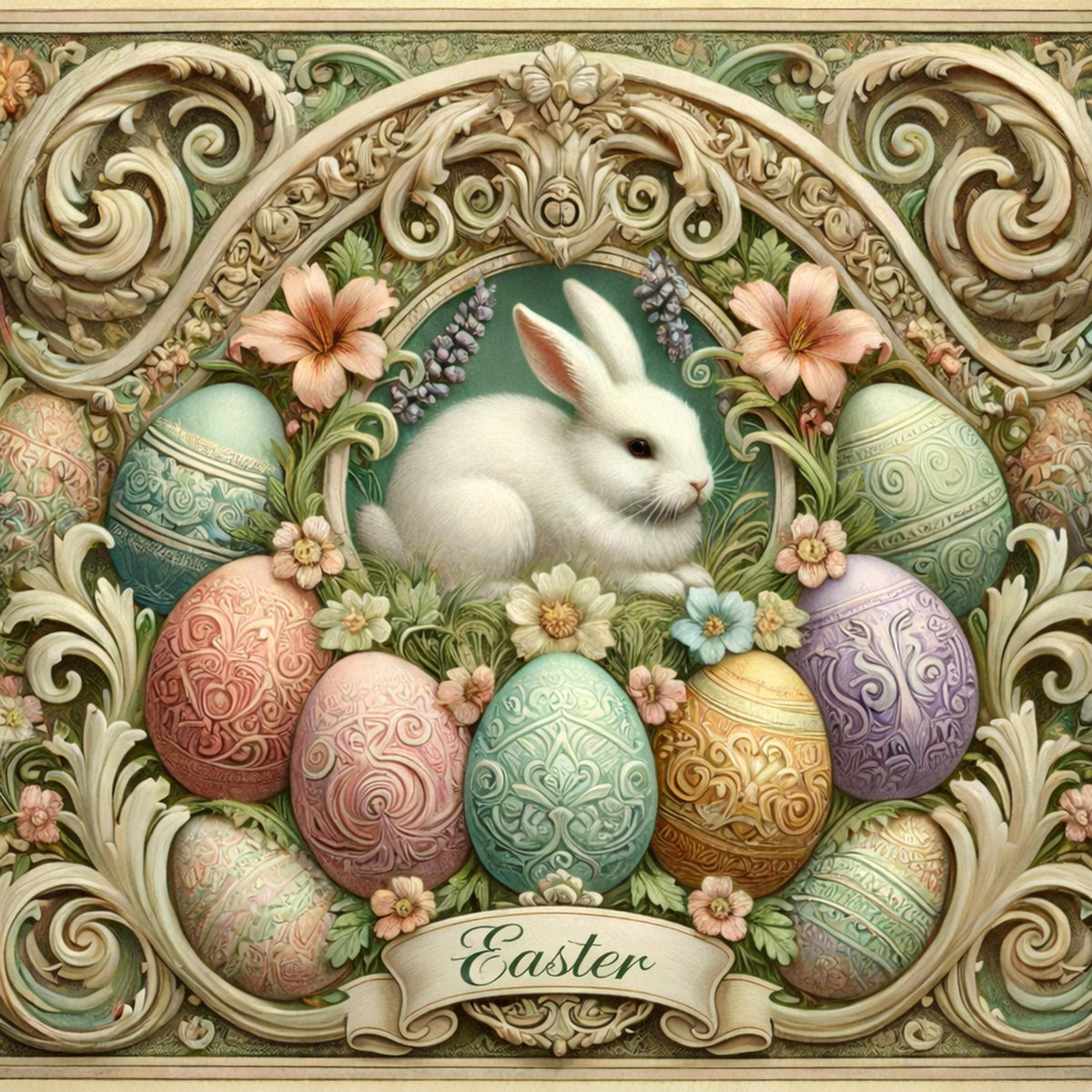 Art Nouveau Easter Bunny Egg Frame: Pastel Floral Oil Painting (Digital Download)