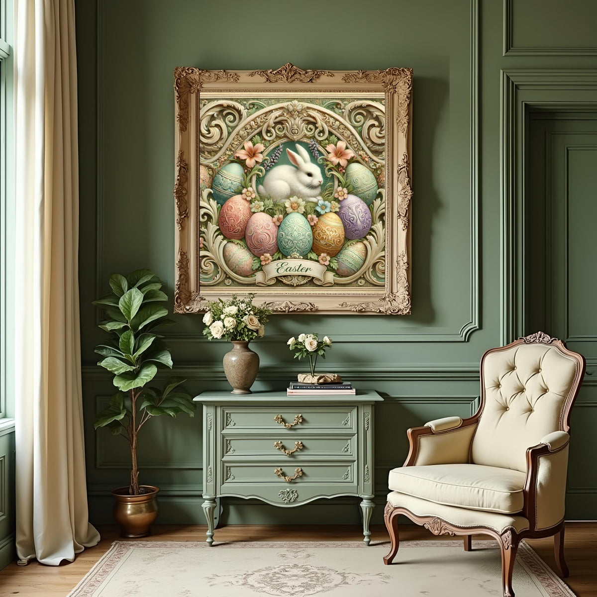 Art Nouveau Easter Bunny Egg Frame: Pastel Floral Oil Painting (Digital Download)