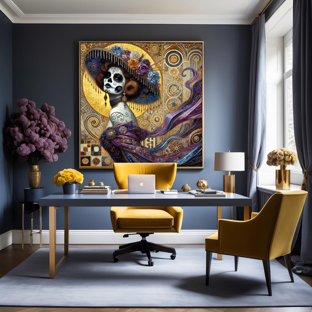 Golden Calavera Muse Portrait: Klimt Inspired Oil Painting (Digital Download)