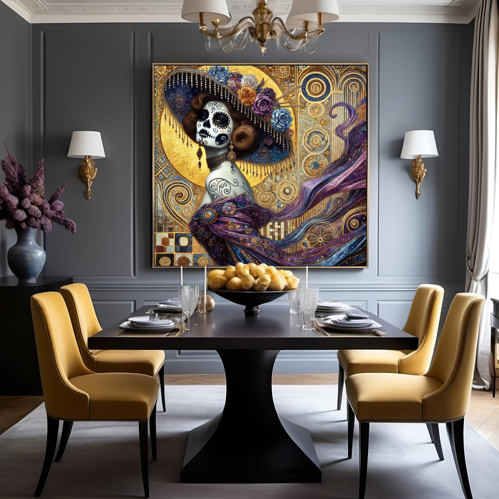 Golden Calavera Muse Portrait: Klimt Inspired Oil Painting (Digital Download)