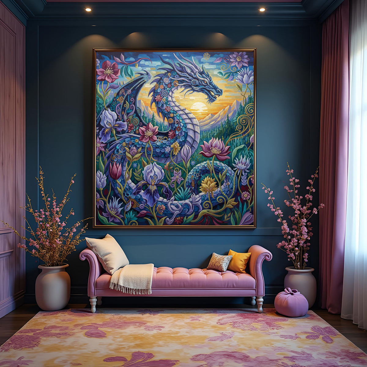 Floral Dragon Wall Art: Vintage Oil Painting Style Fantasy Creature (Digital Download)