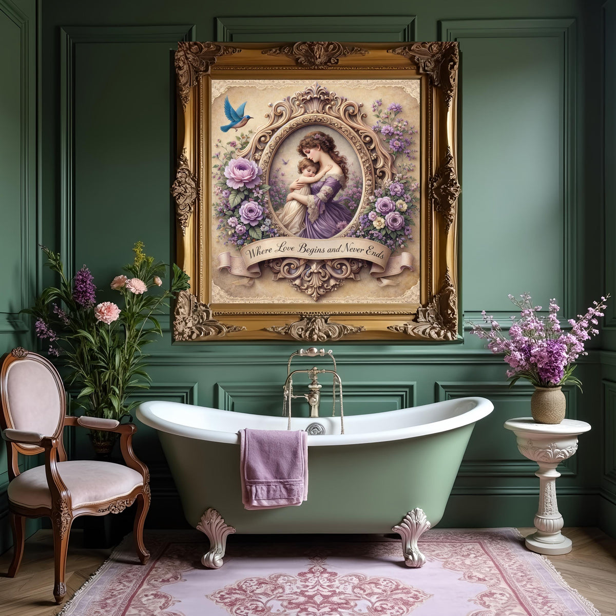 Victorian Mother Child Art Print: Lavender Floral Frame, Nursery Wall Decor (Digital Download)