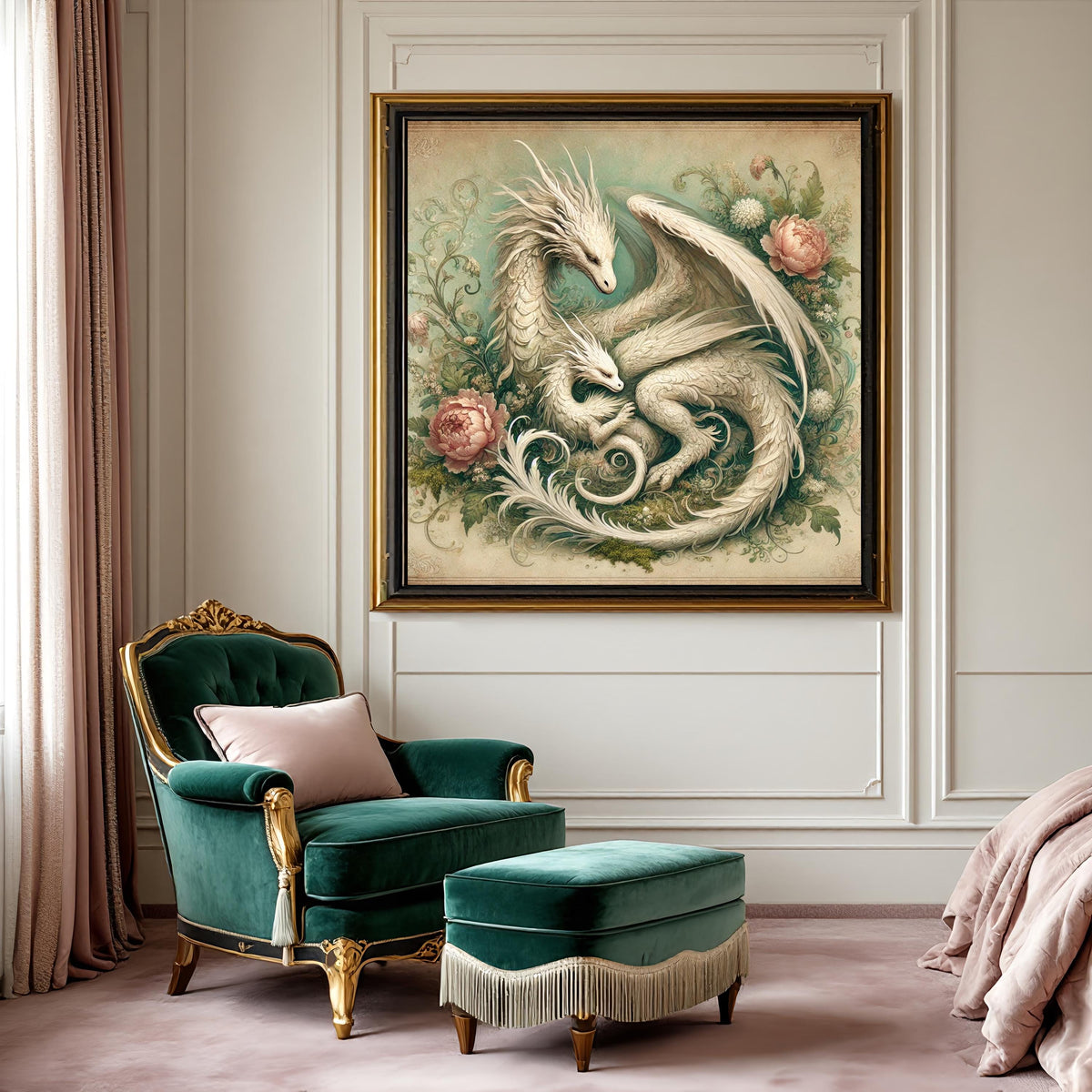 Mother Baby Dragon Botanical Nursery Art Print: Whimsical Fantasy Wall Decor (Digital Download)