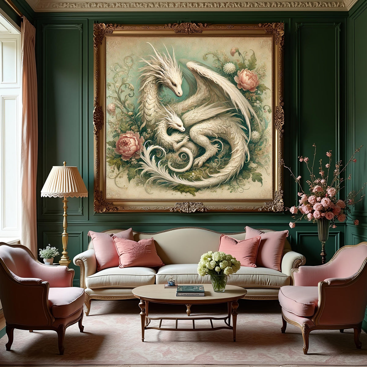 Mother Baby Dragon Botanical Nursery Art Print: Whimsical Fantasy Wall Decor (Digital Download)