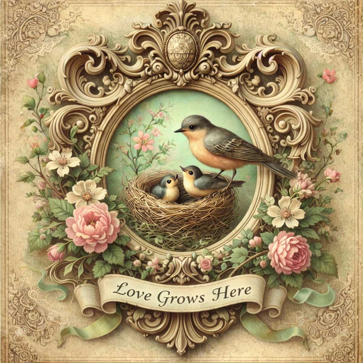 Vintage Bird Nest Art Print: Mother Bird Family Love Grows Here (Digital Download)
