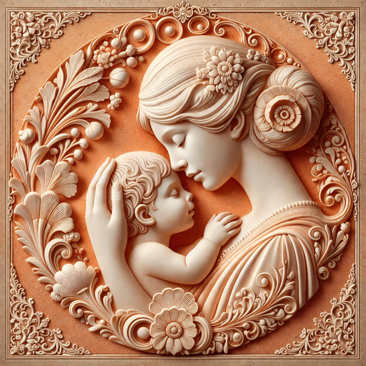 Terracotta Mother and Child Relief Art: Cameo Style, Nursery Decor (Digital Art)