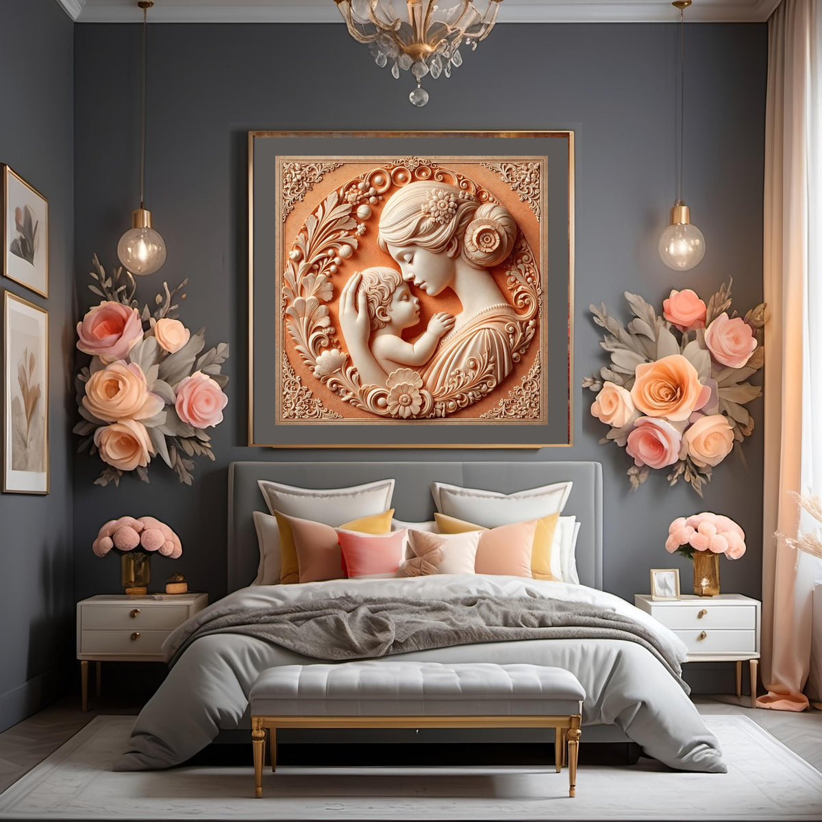 Terracotta Mother and Child Relief Art: Cameo Style, Nursery Decor (Digital Art)