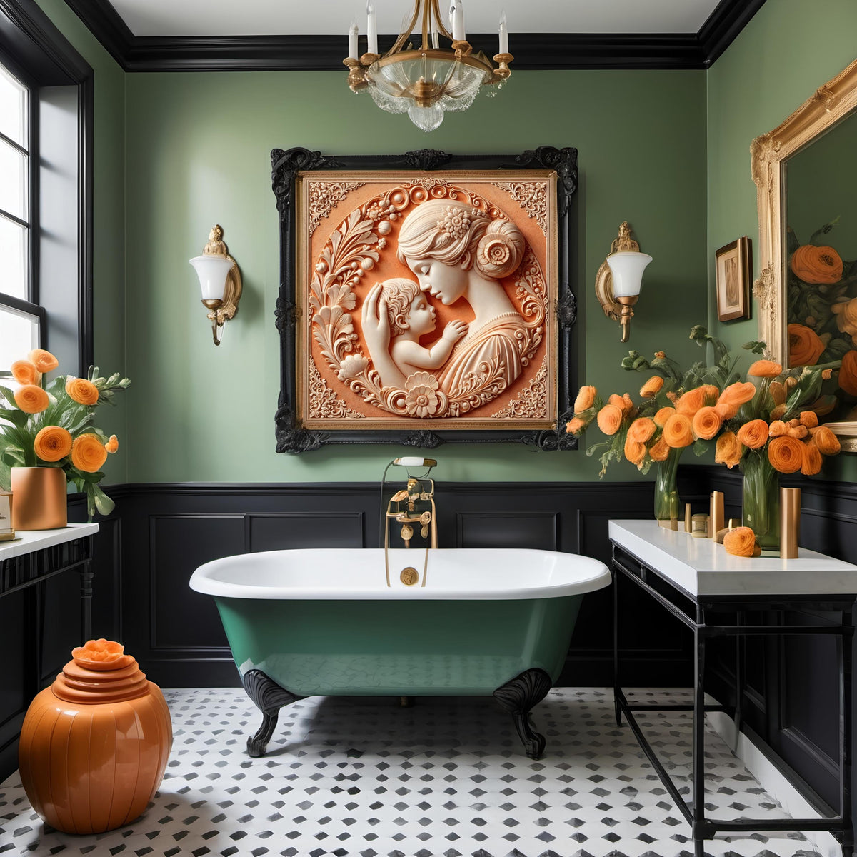 Terracotta Mother and Child Relief Art: Cameo Style, Nursery Decor (Digital Art)