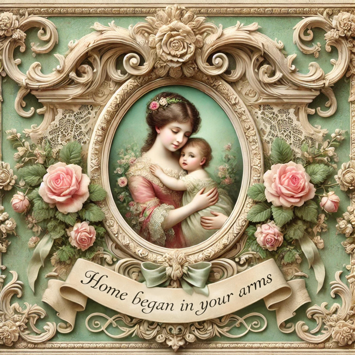 Victorian Mother Child Art Print: Floral Frame Nursery Decor (Digital Download)