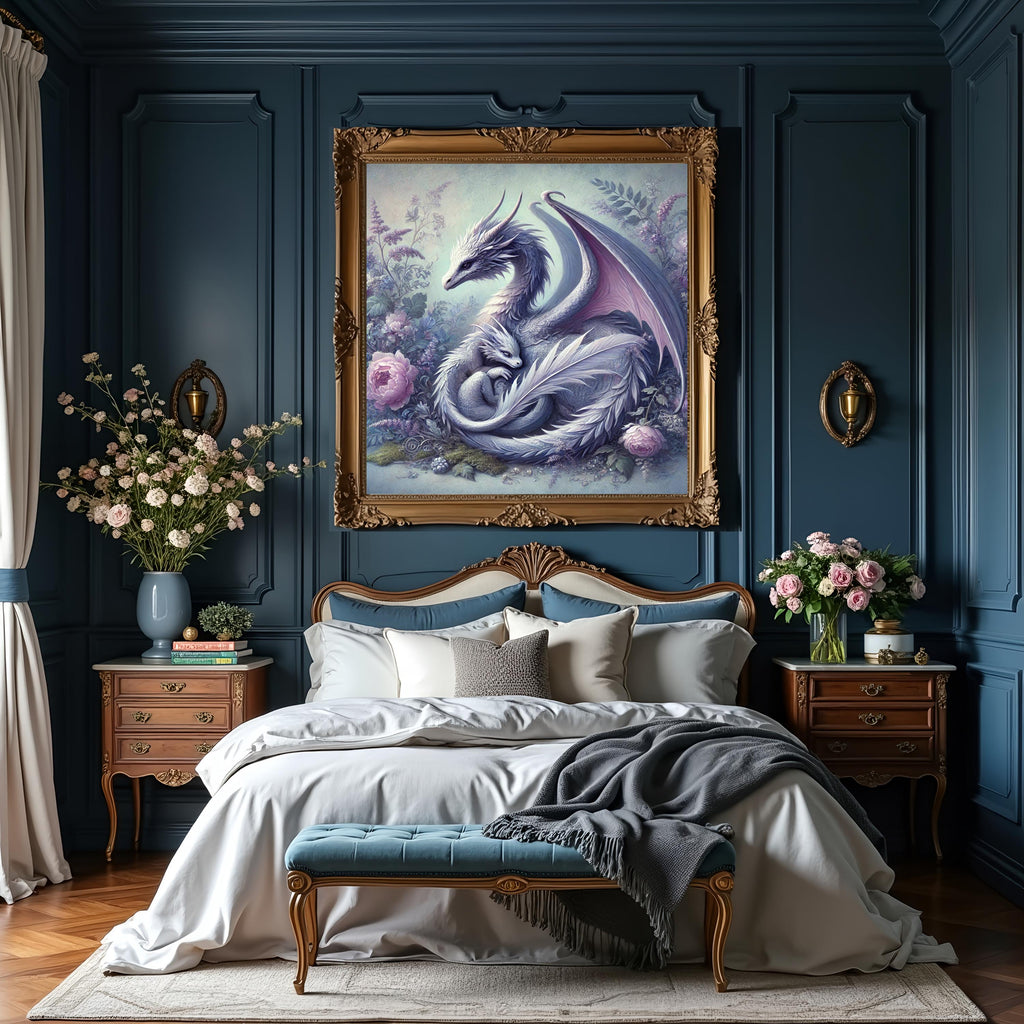 Ethereal Lavender Dragon Mother and Baby Fantasy Art Print (Digital Download)