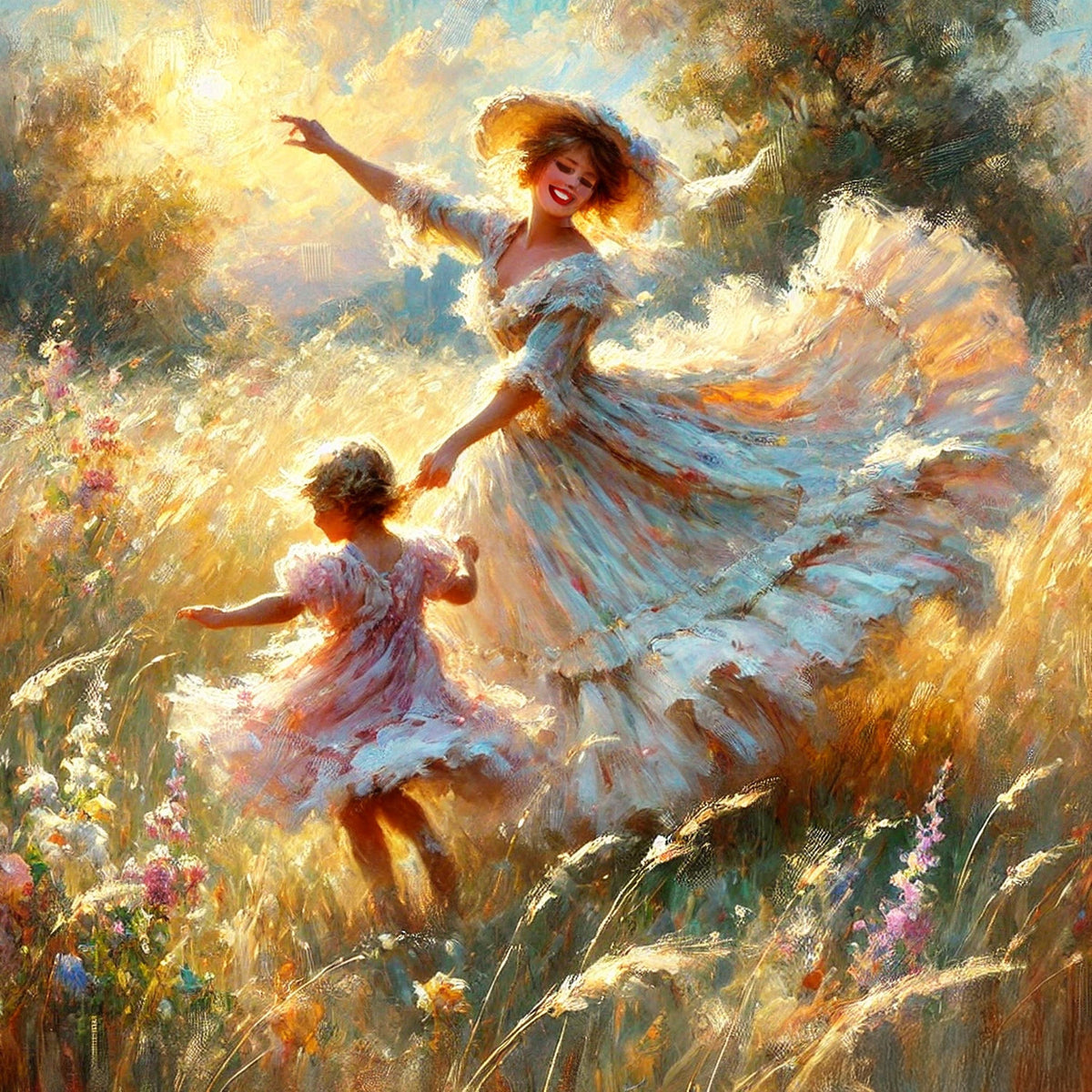 Mother Child Dancing Art Print: Vintage Impressionist Meadow Scene (Digital Download)