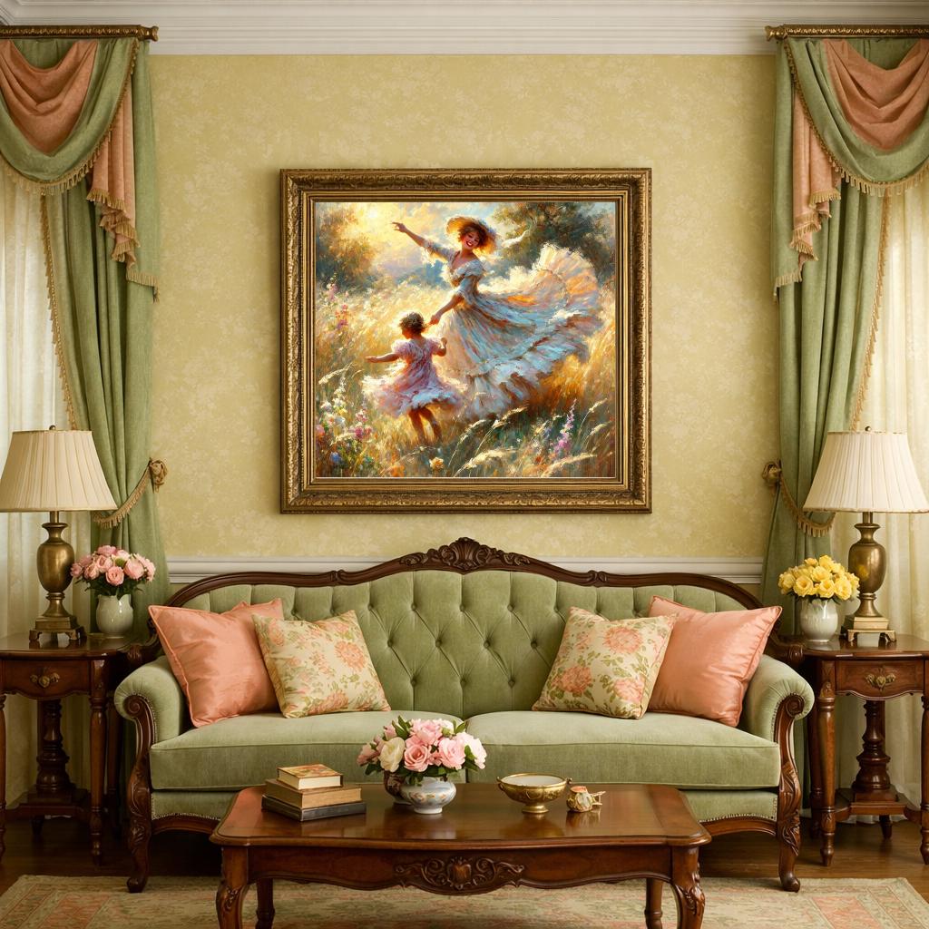Mother Child Dancing Art Print: Vintage Impressionist Meadow Scene (Digital Download)