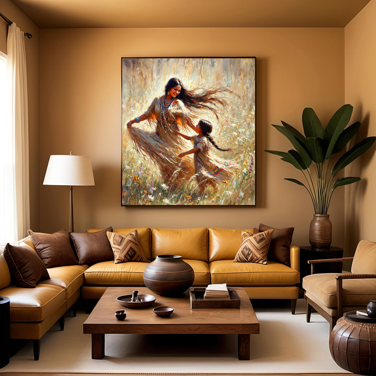 Mother Child Dancing Art Print: Golden Prairie Oil Painting (Digital Download)
