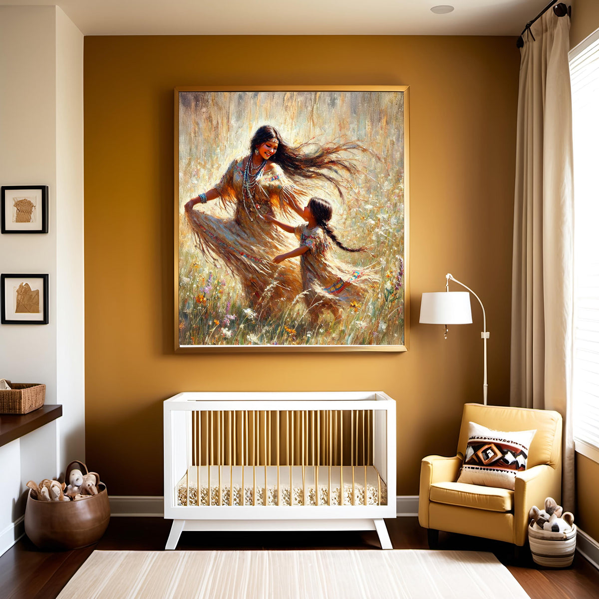 Mother Child Dancing Art Print: Golden Prairie Oil Painting (Digital Download)
