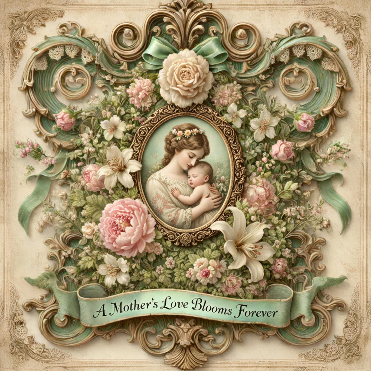 Vintage Mother and Child Cameo Art Print (Digital Download) – Floral Nursery Decor