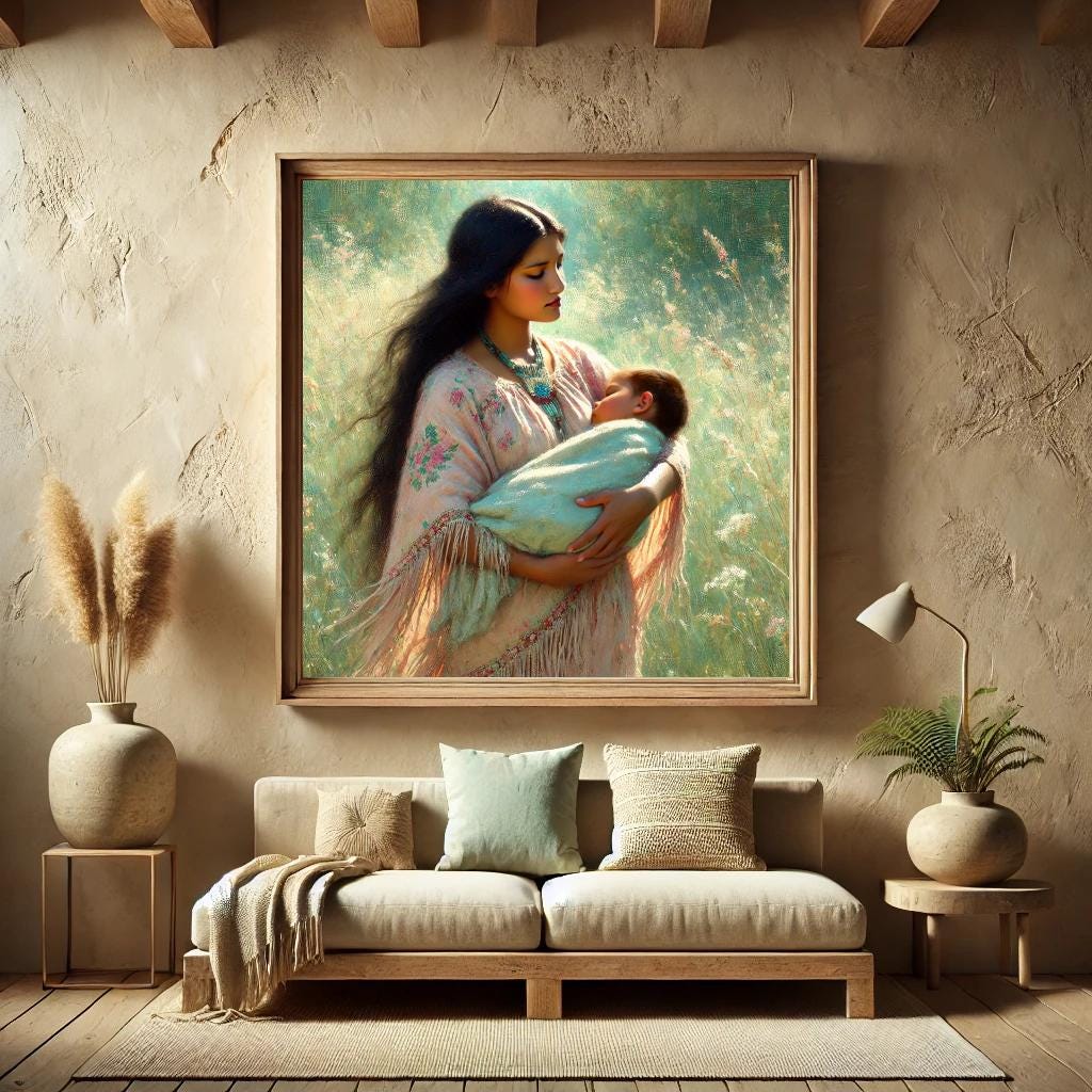 Mother and Baby Oil Painting Print – Boho Nursery Wall Art (Digital Download)