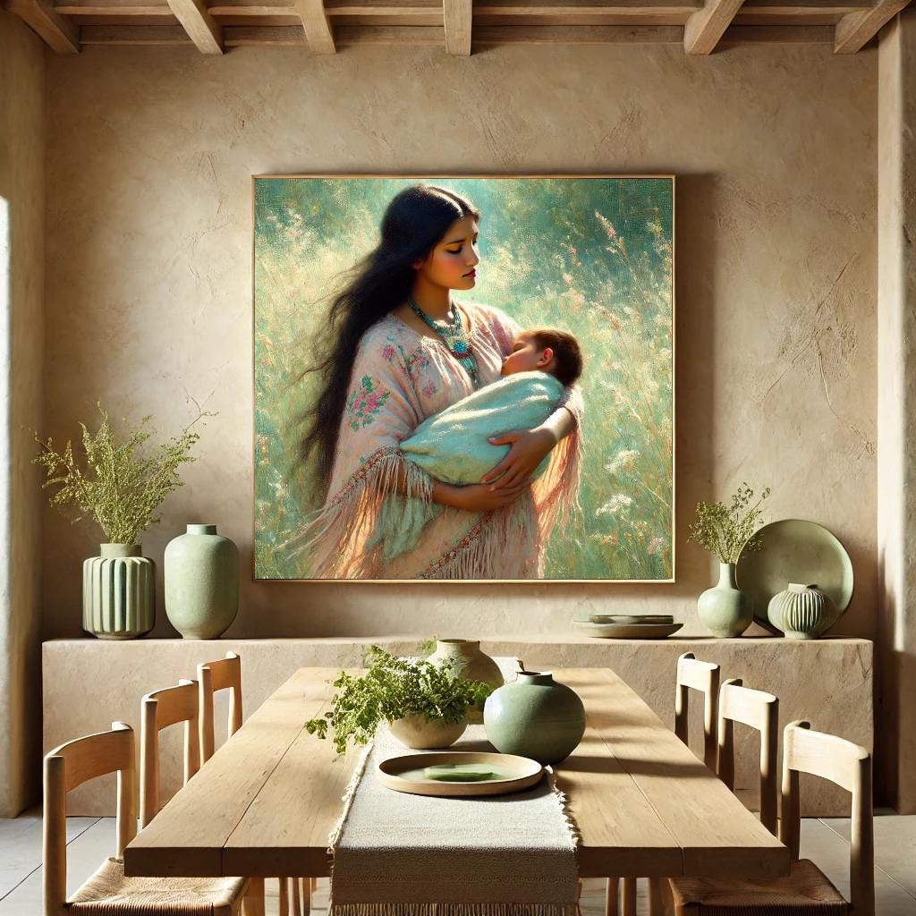 Mother and Baby Oil Painting Print – Boho Nursery Wall Art (Digital Download)