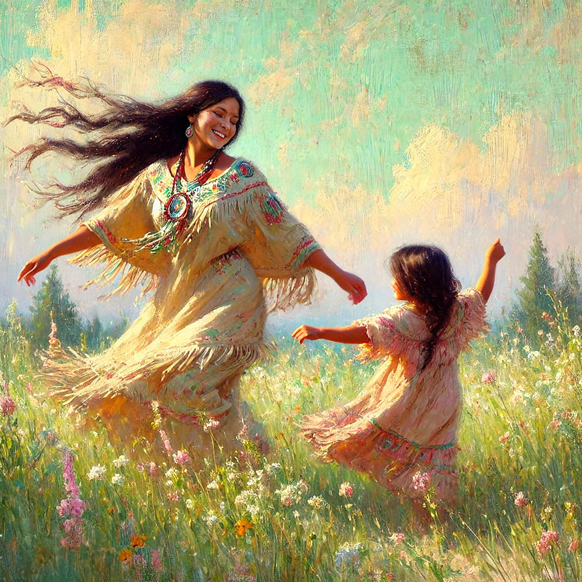 Oil Painting Mother Daughter Meadow Art Print, Boho Nursery Decor (Digital Download)